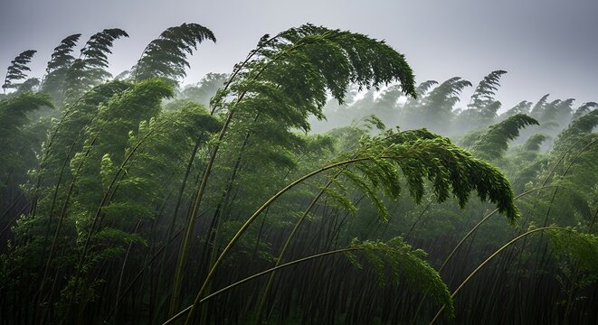 Tall green reeds bending and swaying in a powerful storm. - Powered by Adobe