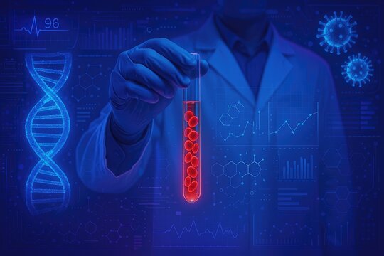 Scientist holds test tube with red blood cells, research data and dna helix, viral icons. - Powered by Adobe