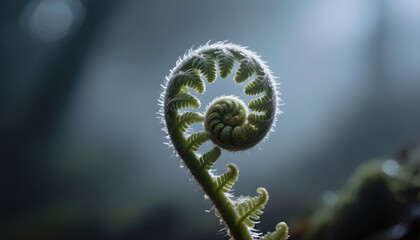 A macro of a fern fiddlehead spiral unfurling in a mysterious foggy forest. Atmospheric dark nature visual, concept for eco conscious design or a moody website banner