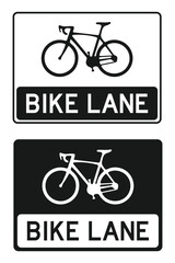 Vector set of black-and-white Bike Lane road signs used for traffic and cycling routes