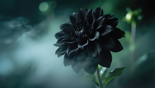 A moody macro of a black dahlia flower, concept for the New Gothic Gardens trend. Atmospheric dark nature visual with mist, perfect for a mysterious book cover or victorian style website banner
