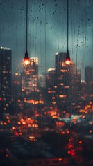 Rainy cityscape through a window with warm lights and hanging lamps