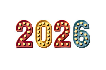 Retro illuminated marquee numbers spelling out the year 2026 with vibrant red yellow and blue bulbs isolated on transparent background