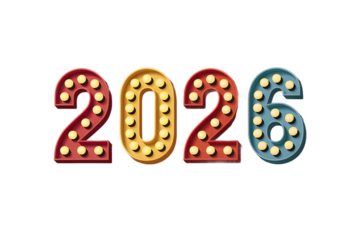 Retro illuminated marquee numbers spelling out the year 2026 with vibrant red yellow and blue bulbs isolated on transparent background