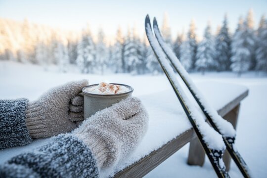 Hands in mittens holding a cozy mug of hot chocolate in a snowy landscape. Winter break after cross-country skiing. Outdoor recreation concept - Powered by Adobe