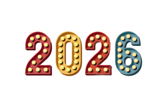 Retro illuminated marquee numbers spelling out the year 2026 with vibrant red yellow and blue bulbs isolated on transparent background