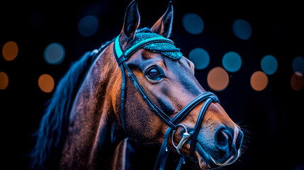 Dramatic close-up portrait of majestic bay horse adorned with stylish teal ear bonnet and bridle against dark, shimmering bokeh background