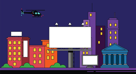 Naklejka premium Blank billboard in city at night with helicopter illustration editable