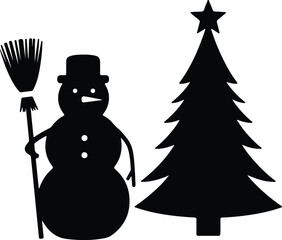Vector Christmas tree and snowman holding a broom silhouette illustration