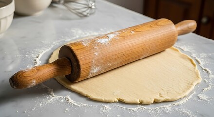 Wooden rolling pin resting on freshly rolled out dough.