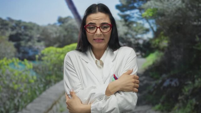 Woman in white uniform with red glasses hugs herself looking cold in an outdoor park setting surrounded by greenery suggesting a chilly atmosphere.