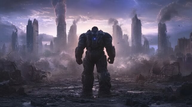 Armored Titan Surveys the Smoking Ruins of a Devastated Futuristic Metropolis