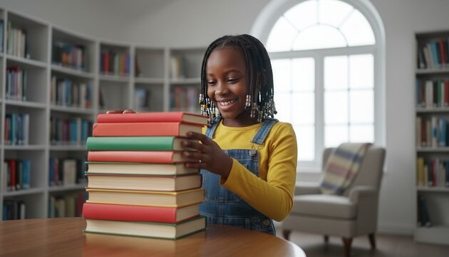 Smiling African American girl stacking a pile of books in a library. Young student focused on learning and education. Childhood development concept