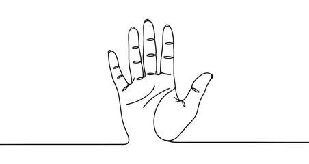 Obraz premium Open palm hand drawn with one continuous line. Black outline illustration isolated on white background. Vector illustration.