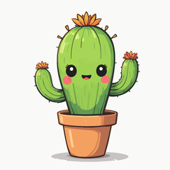 Cute cartoon cactus in a pot with a happy face and flowers.