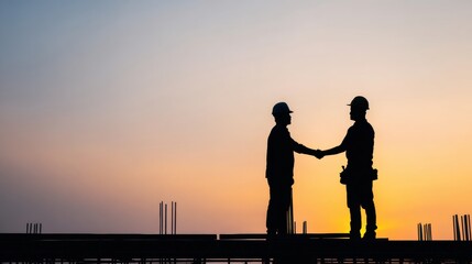 Construction worker and contractor shaking hands on rooftop at sunset showing agreement and teamwork