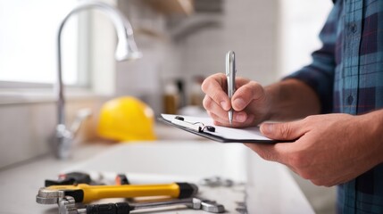 Plumber inspecting kitchen sink and taking notes on clipboard during home plumbing inspection, focused technician assessing fixtures and tools with thoughtful expression