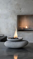 Modern stone fire bowl with realistic flame creates a serene ambiance indoors