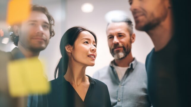 Diverse business team discussing strategy around glass board with sticky notes, focused collaboration and thoughtful planning in modern office environment