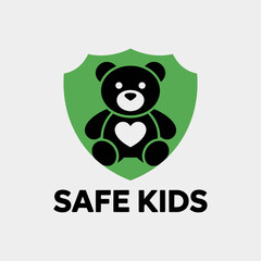 Safe kids shield logo, cute bear emblem, child welfare protection, security branding element, trusted family safety program vector