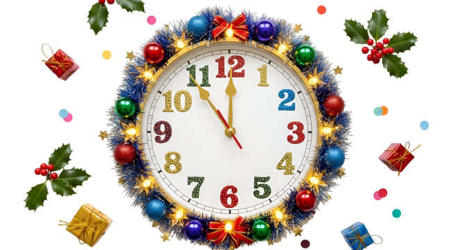 A festive christmas clock decorated with ornaments and lights, isolated on a transparent background, symbolizing the approaching holiday season and new years eve countdown