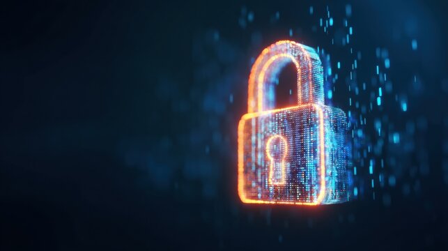 Digital padlock made of glowing data points in blue and orange, symbolizing cybersecurity and secure digital storage