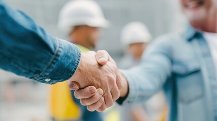 Handshake contractor subcontractor agreement construction site meeting between two workers showing cooperation and professionalism in work environment