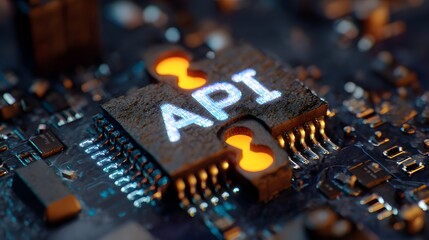 Glowing text spelling out an acronym is embedded on a physical computer component illustrating digital connection