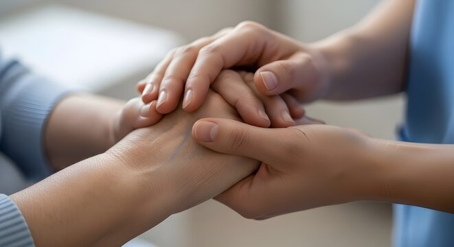 Empat&iacute;a, confianza y enfermera cogidos de la mano del paciente para pedir ayuda, asesoramiento y asesoramiento sanitario.