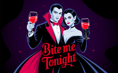 Vampire couple holding wine glasses with red drink. Dramatic Halloween style illustration with elegant vampires, text Bite Me Tonight. Halloween gothic art for poster, banner, card, party design