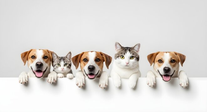 Gatos y perros asom&aacute;ndose sobre un banner web blanco