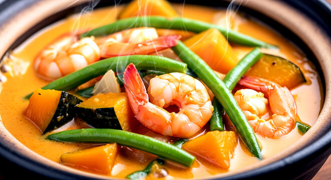 Philippines Pumpkin in Coconut Milk (Ginataang Kalabasa). with shrimp and string beans in a clay pot, the creamy coconut sauce and pumpkin chunks 