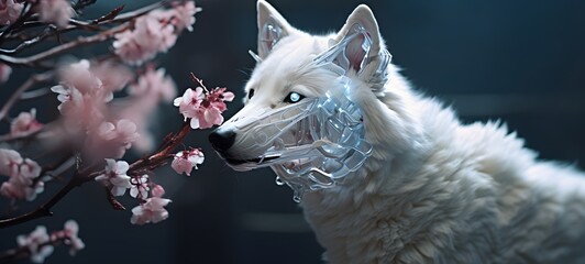 A white wolf , a small creature made of glass that is sitting in the palm of your hand,generative AI