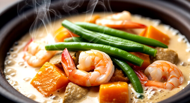 Philippines Pumpkin in Coconut Milk (Ginataang Kalabasa). with shrimp and string beans in a clay pot, the creamy coconut sauce and pumpkin chunks 