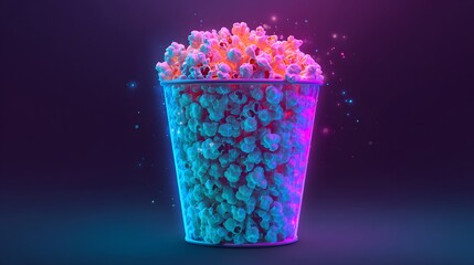 Glowing container overflowing with popped corn kernels illuminated by vibrant neon lighting
