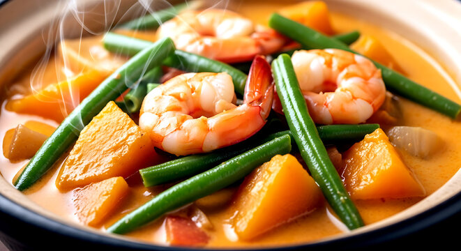 Philippines Pumpkin in Coconut Milk (Ginataang Kalabasa). with shrimp and string beans in a clay pot, the creamy coconut sauce and pumpkin chunks 