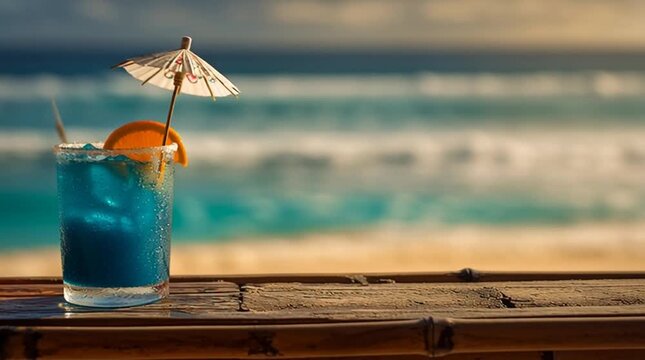 Two vibrant, refreshing tropical cocktails with fruit garnishes and tiny parasols on a rustic wooden beach bar, overlooking a sunny sandy beach and turquoise ocean waves, embodying summer vacation and