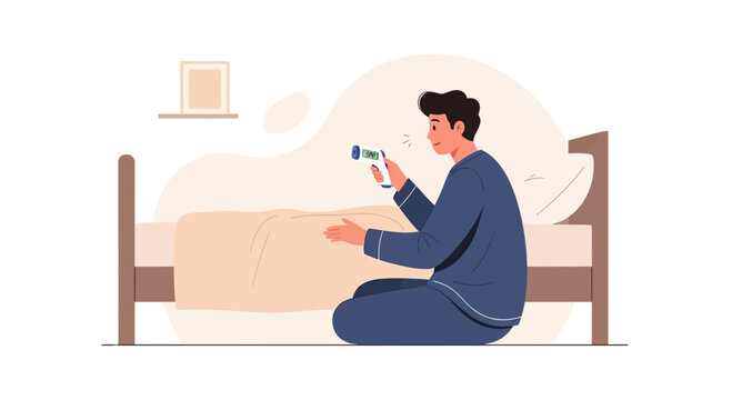 Man Assessing With Infrared Thermometer For Possible Health Issues In The Bedroom