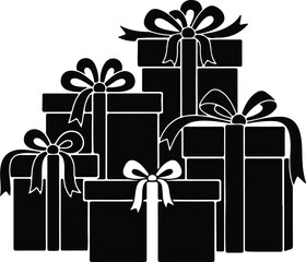 Vector pile of gift boxes with ribbons and bows silhouette illustration
