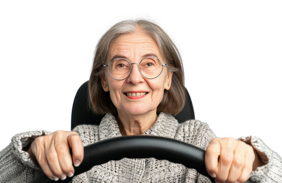 Elder woman holding a car steering wheel portrait glasses vehicle.