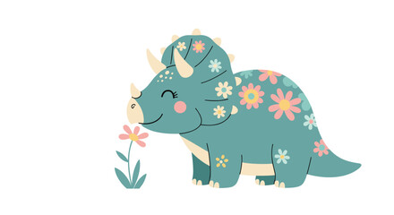 Cute Floral Triceratops Enjoying a Flower in a Whimsical Scene.