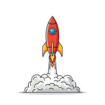 A red cartoon rocket ship launching upwards with a large plume of smoke and fire.