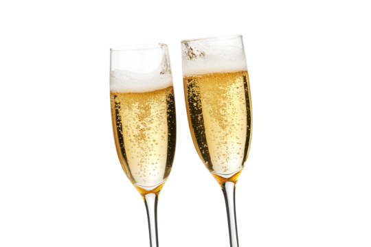 Two Champagne Flutes Clinking with Golden Bubbly Drink Isolated. Elegant Toast with Champagne Glasses and Bubbles Rising PNG.