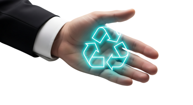 Hand holding a glowing recycle symbol isolated on transparent background
