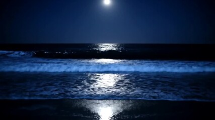 Serene moonlit ocean scene with gentle waves lapping the shore under a starry night sky - Powered by Adobe