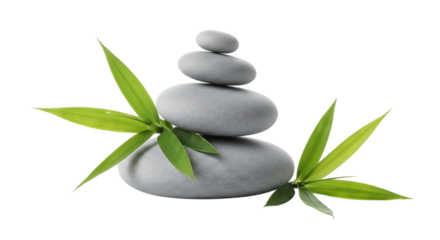 Stacked zen stones with green bamboo leaves isolated on transparent background