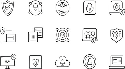 Essential cybersecurity icons for online protection, data encryption, and network safety, ensuring trust and compliance in the digital world with vector precision
