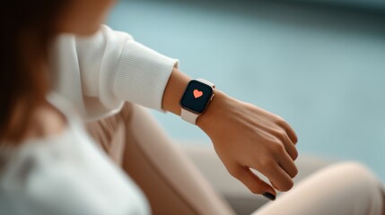 Obraz premium Woman wearing smartwatch with heart icon on screen, closeup of wrist and hand in casual indoor lifestyle setting showing wellness and technology comfort