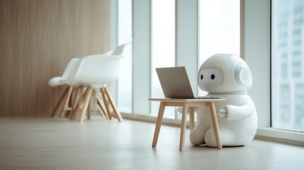 Friendly spherical robot interacts with portable computer while sitting by a bright window
