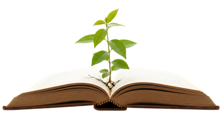 Plant growing from book isolated on transparent background, symbolizing knowledge